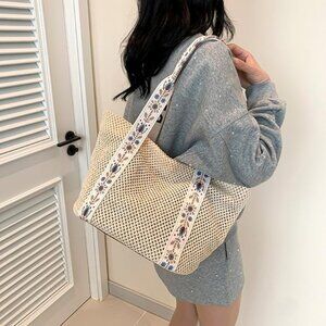 Straw Tote Waterproof Bag Large Beige